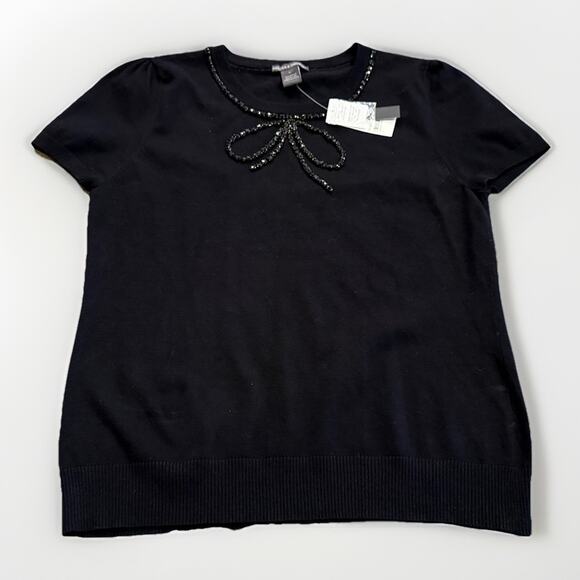 Chelsea & Theodore Tops - Chelsea & Theodore Womens Black Bow Tie Fixture Short Sleeve Shirt L NWT $68
